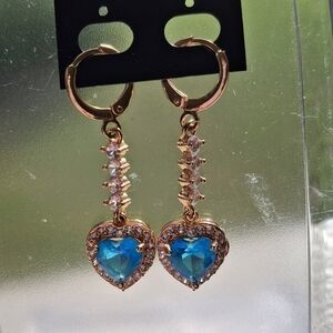 Blue and Goldtone crystal heart dangle earrings